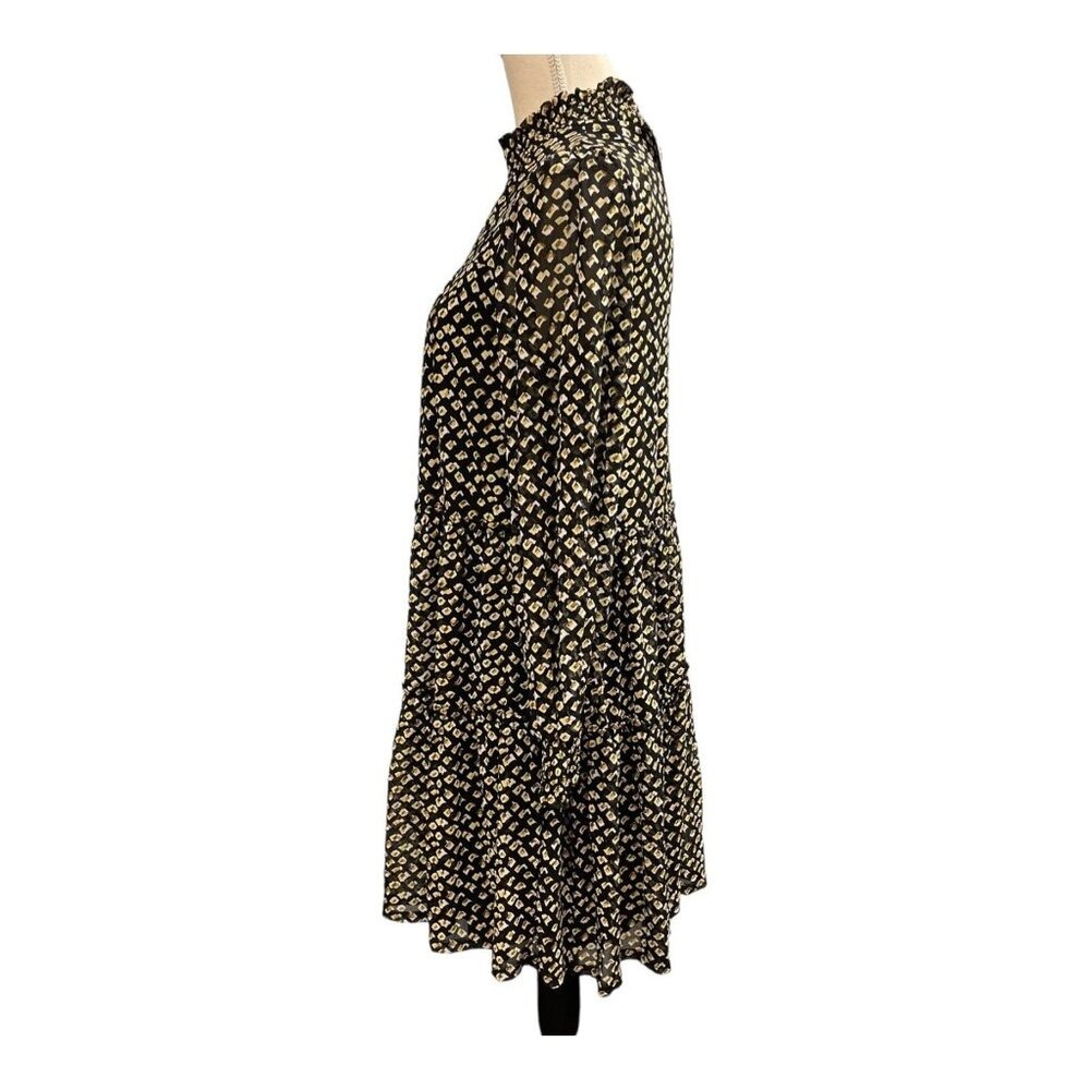 Ember Dress  Black Chiffon Metallic Tiered Smocked Mini High Neck Size M Event‎ - Picture 2 of 8